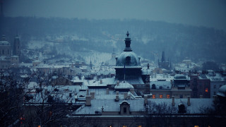 City clocktower snowy mountain trees - ferenc joachim free wallpaper