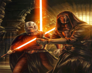 Dark room lightsabers sword painting - one holding free wallpaper