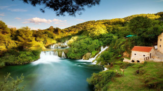 River forest hillside waterfall building - a lush green forest next free wallpaper