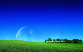 Green field trees crescent sky - landscape free wallpaper for desktop