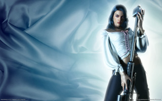 Woman gun blue background silk - a blue background behind her free wallpaper