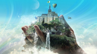 Hand waterfall castle sky rainbow 3 - a hand holding free wallpaper