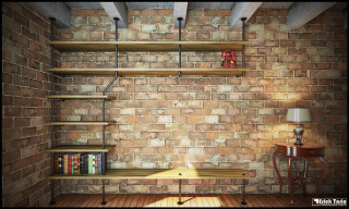 Brick wall bookshelves lamp table - a lamp free wallpaper
