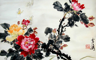 Flowers white background chinese writing - a painting of flowers free wallpaper