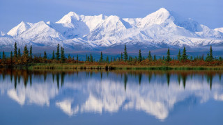 Mountain range lake trees blue - ecological art free wallpaper