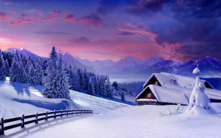 Snowy mountain cabin fence pink 2 - a pink sky in the background free wallpaper
