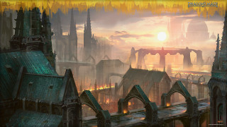 City giant sun bridge building - a painting of a city free wallpaper for desktop
