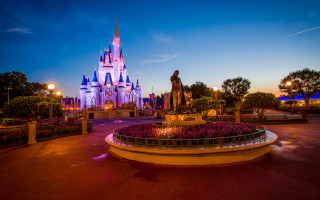 Castle statue nightwalkway litflowers bed - magical atmosphere free wallpaper