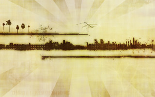 City silhouette palmtrees sunburst grungy - a grungy effect free wallpaper for desktop