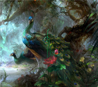 Peacock forest flowers plants nature - free fantasy wallpaper for tablet