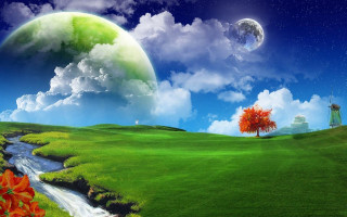 Green field stream tree moon - a green field free wallpaper for desktop