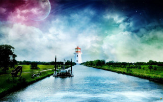 Lighthouse river boat water full - dreamlike free wallpaper