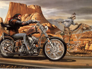 Motorcycle horse desert western art - a painting of a man riding free wallpaper