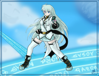 Woman white outfit black object - a blue border free wallpaper