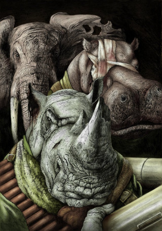 Rhinos man green shirt woman - digital painting free wallpaper for mobile