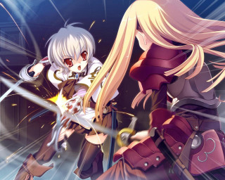 Anime characters swords blue background 4 - the sky behind them free wallpaper