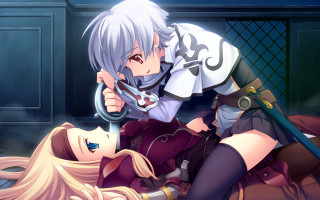 Woman laying ground man scissors - her hand and a sword free wallpaper