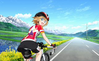 Cartoon girl biking lake mountains - a lake and mountains free wallpaper