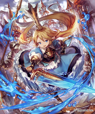 Girl long hair sword in - a city in the background free wallpaper for mobile