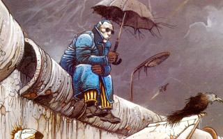 Man sitting pipe umbrella bird - a pipe free wallpaper