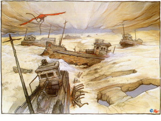 Boat water bird flying over - michael kaluta free wallpaper