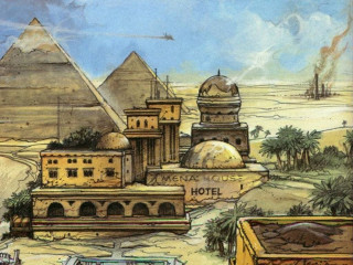 Desert pyramid hotel sign background - solarpunk free wallpaper