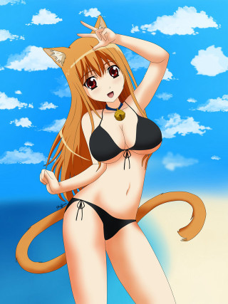 Cartoon girl bikini cat on - a beach free wallpaper for mobile