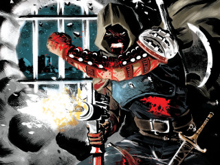 Man costume sword blood window - a window behind free wallpaper