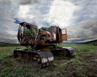 Rusty tractor field sky clouds - ecological art free wallpaper