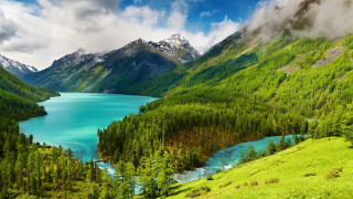 Mountain lake green trees cloudy 2 - a cloudy sky free wallpaper for desktop