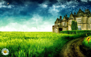 Gothic mattepainting cityscape flowerfield moon - a lush green field of grass next free wallpaper for desktop