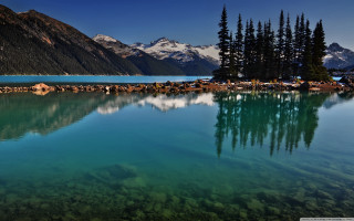 Lake mountains trees blue water 3 - a few rock free wallpaper
