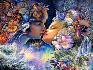 Kissing couple floral background trees - fantasy artwork free wallpaper