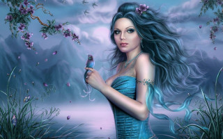Woman blue dress holding bird - a detailed painting free wallpaper