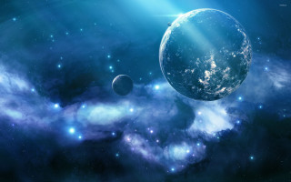 Blue planet starfield lightbeam alien - two smaller planet free wallpaper