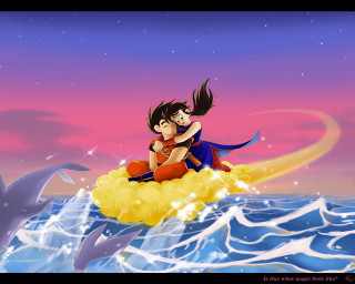 Couple banana boat ocean dolphins - romantic free wallpaper