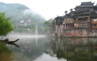 River boat buildings fog water - the other side of the river free wallpaper