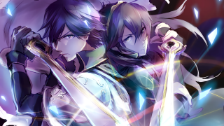 Anime characters swords distance purple - blue light free wallpaper