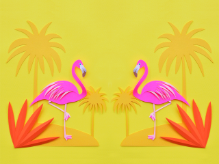 Pink flamingos yellow background palm - summer vibrancy free wallpaper