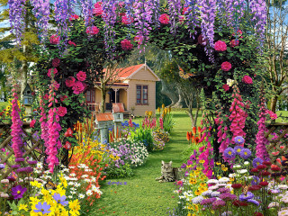 Garden house flowers cat grass - kinkade free wallpaper for desktop