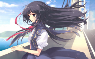 Girl long hair sitting on - a ledge free wallpaper for desktop