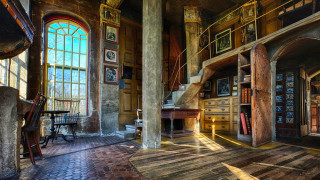 Room bookshelf staircase windows table - rembrandt free wallpaper