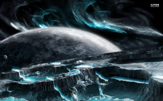 Futuristic space station giant moon - a giant moon in the background free wallpaper