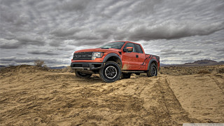 Red truck desert dirt road - a red truck free wallpaper
