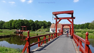 Red bridge river person walking - allaert van everdingen free wallpaper
