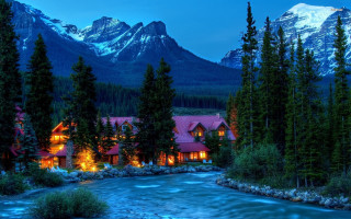 Mountain resort river nighttime lights 2 - bob thompson free wallpaper