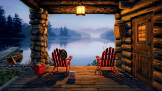 Chairs porch lake cabin lantern - a painting free wallpaper