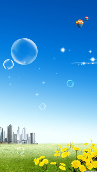 Yellow flowers bubbles sky city - a city in the background free wallpaper for mobile
