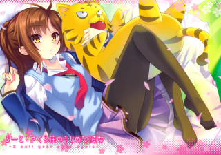 Woman cat pink background anime - a blue shirt free wallpaper