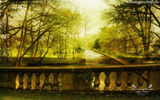 Park river trees bridge painting - a painting of a park free wallpaper